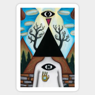 Surrealist painting like digital art of As Above so Below with occult symbolism and All Seeing Eye Sticker